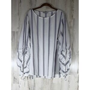 Harshman Blouse Top 2X White Navy Stripe Textured Seersucker Cotton Tie Sleeves